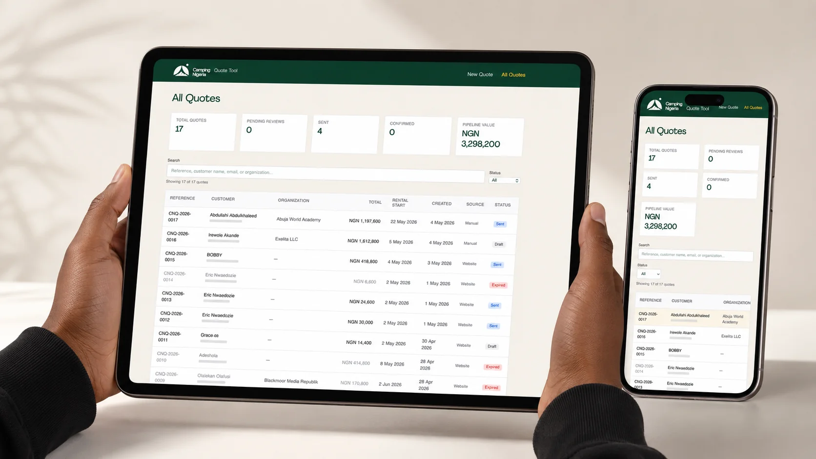 Camping Nigeria internal quote tool mockup