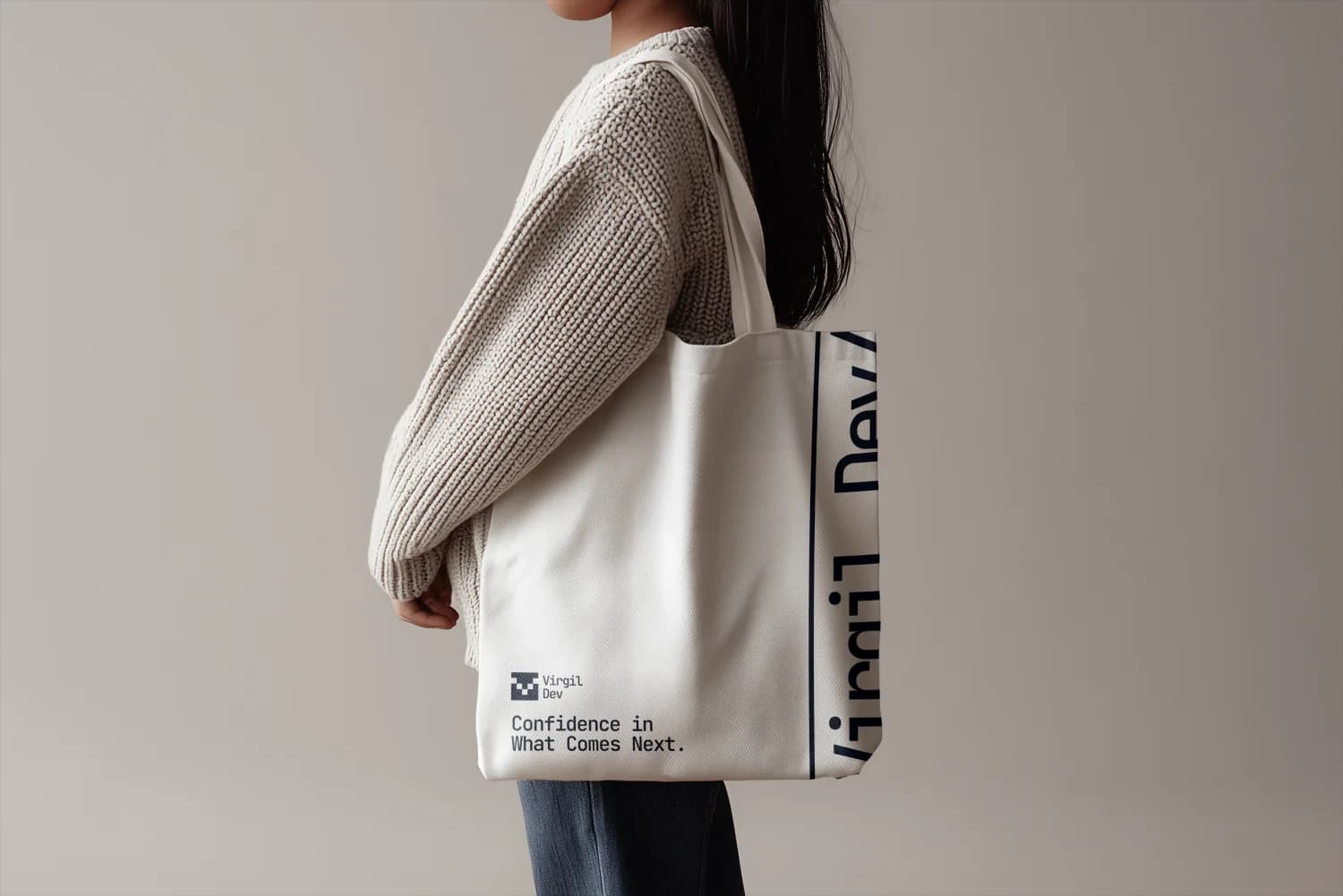Virgil Dev brand applied to tote bag mockup